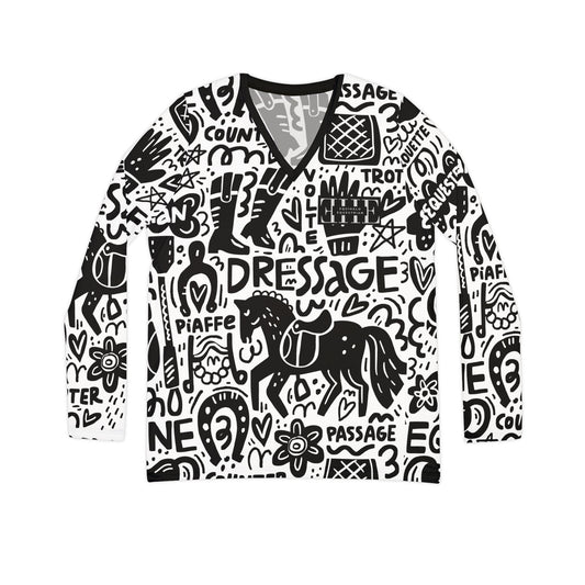 Long Sleeve V-neck - Dressage Doodles Black