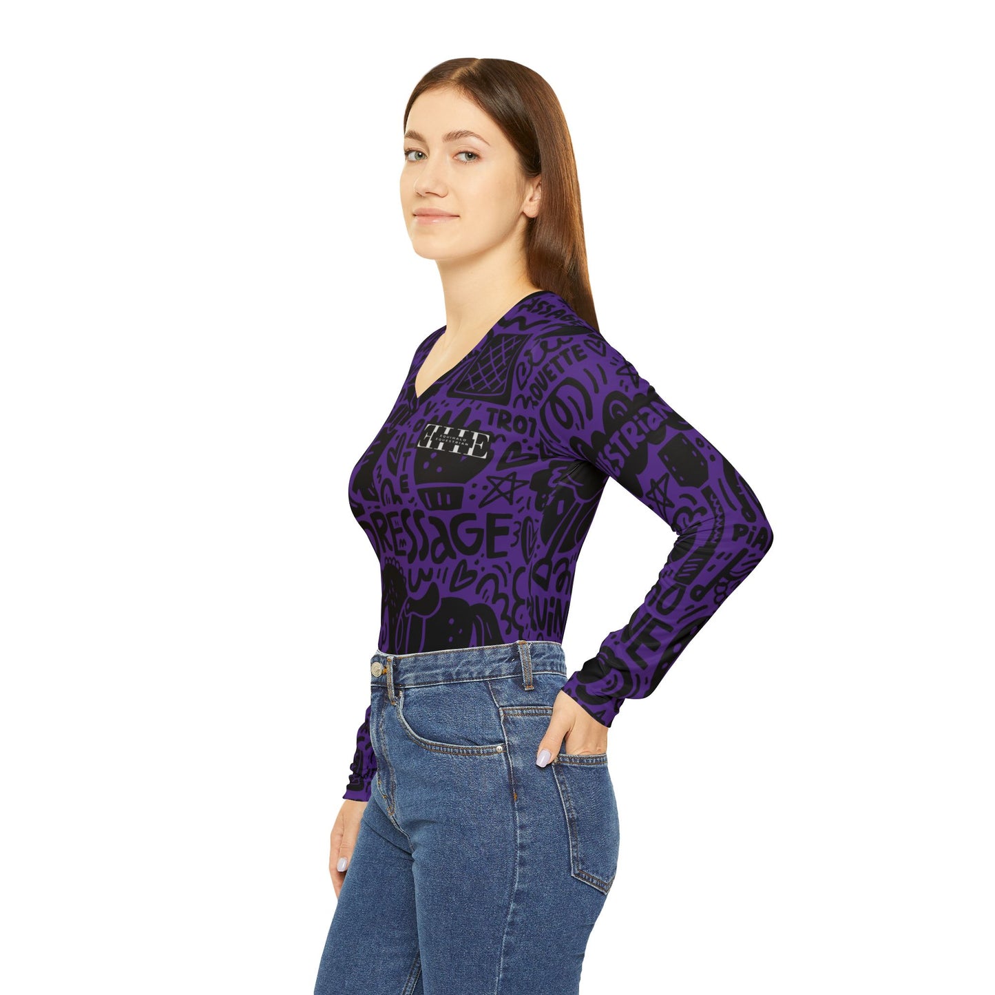 Long Sleeve V-neck - Dressage Doodles Purple