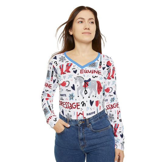 Long Sleeve V-neck - Dressage Doodle Color