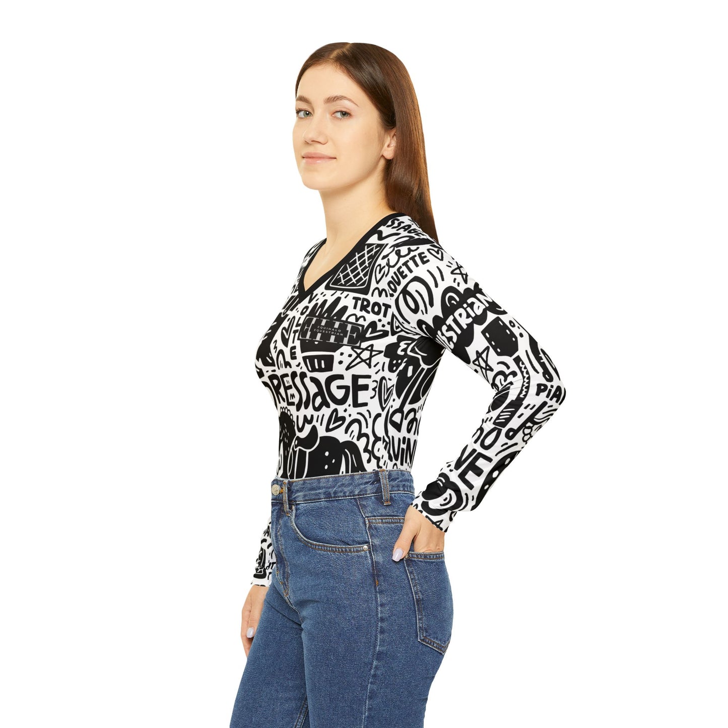 Long Sleeve V-neck - Dressage Doodles Black