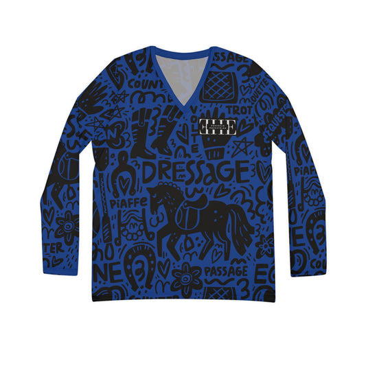 Long Sleeve V-neck - Dressage Doodles Blue