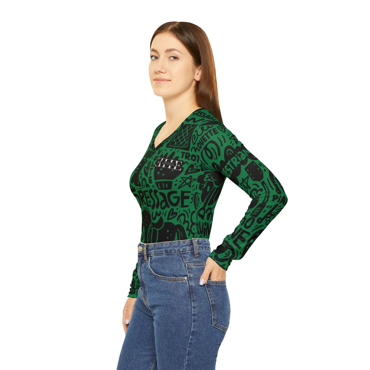 Long Sleeve V-neck - Dressage Doodles Green