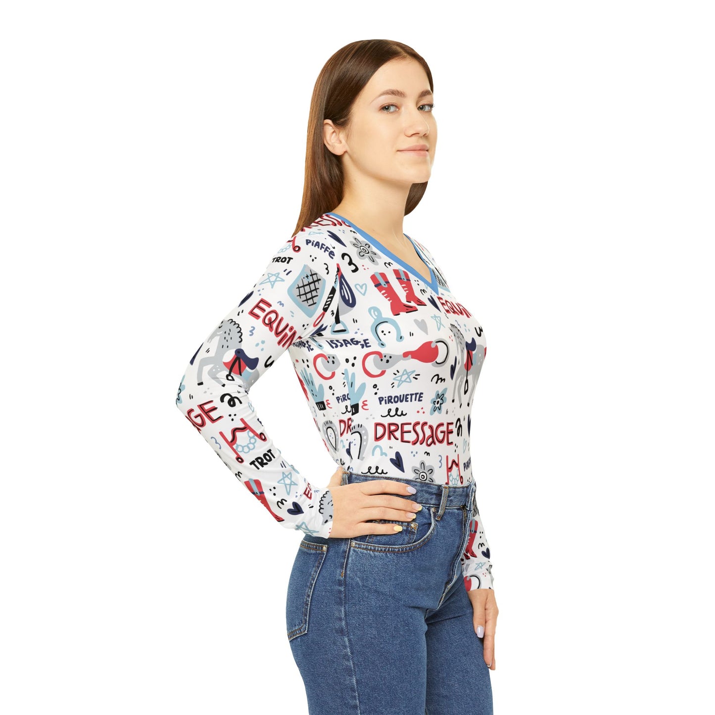 Long Sleeve V-neck - Dressage Doodle Color
