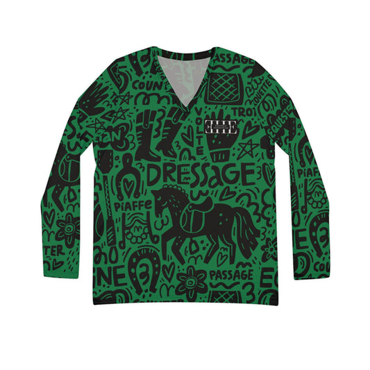 Long Sleeve V-neck - Dressage Doodles Green