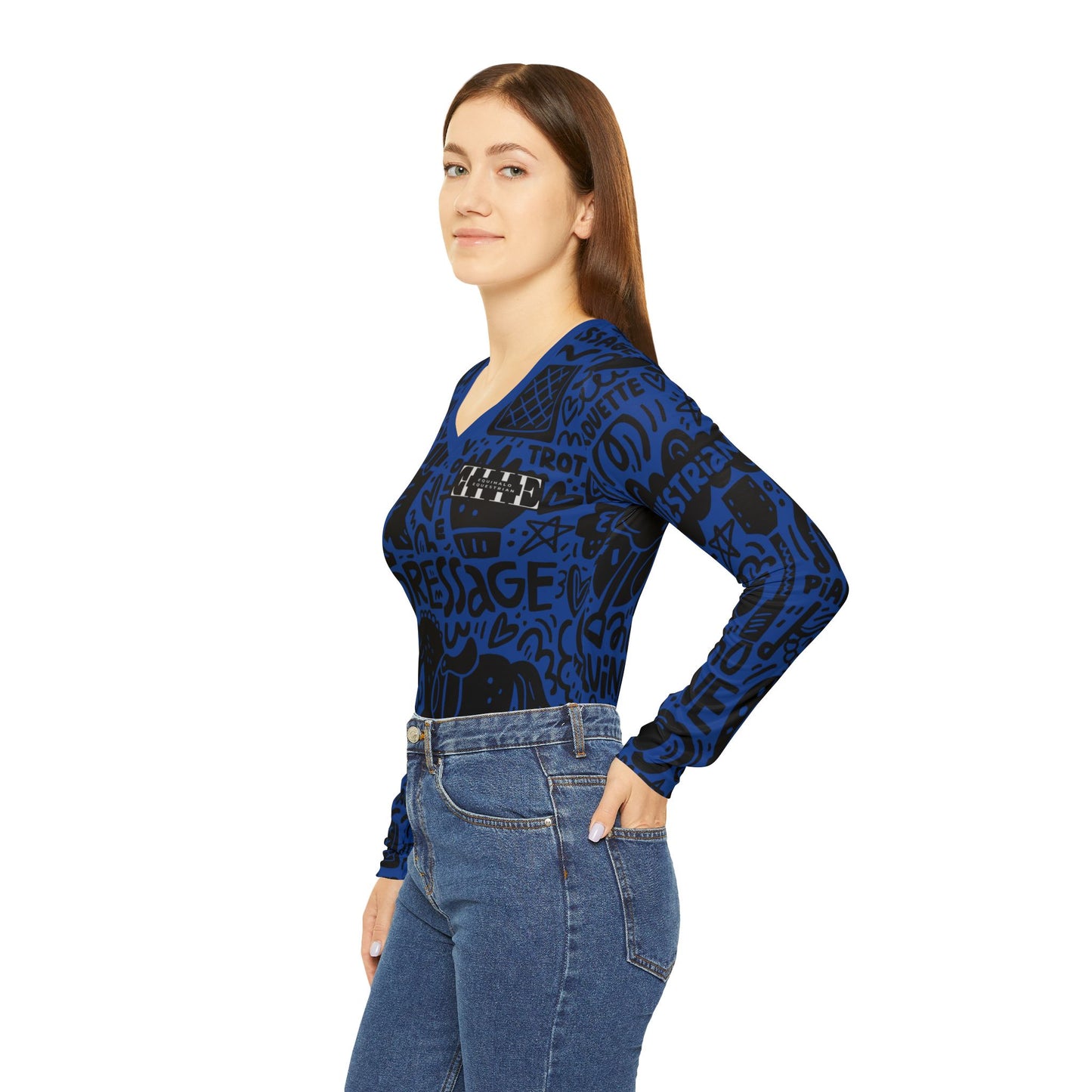 Long Sleeve V-neck - Dressage Doodles Blue