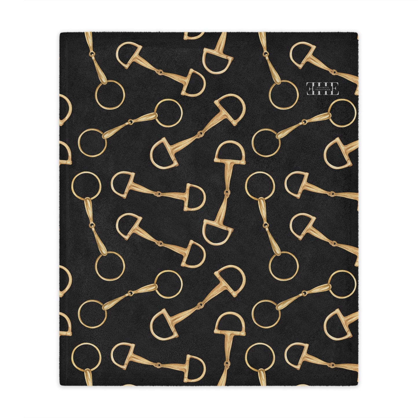 Equestrian Bit Pattern Minky Blanket — Plush Black & Gold Horse Rider Throw