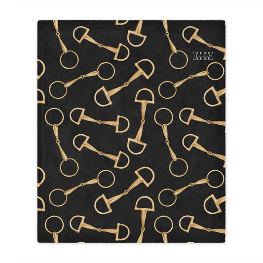 Equestrian Bit Pattern Minky Blanket — Plush Black & Gold Horse Rider Throw