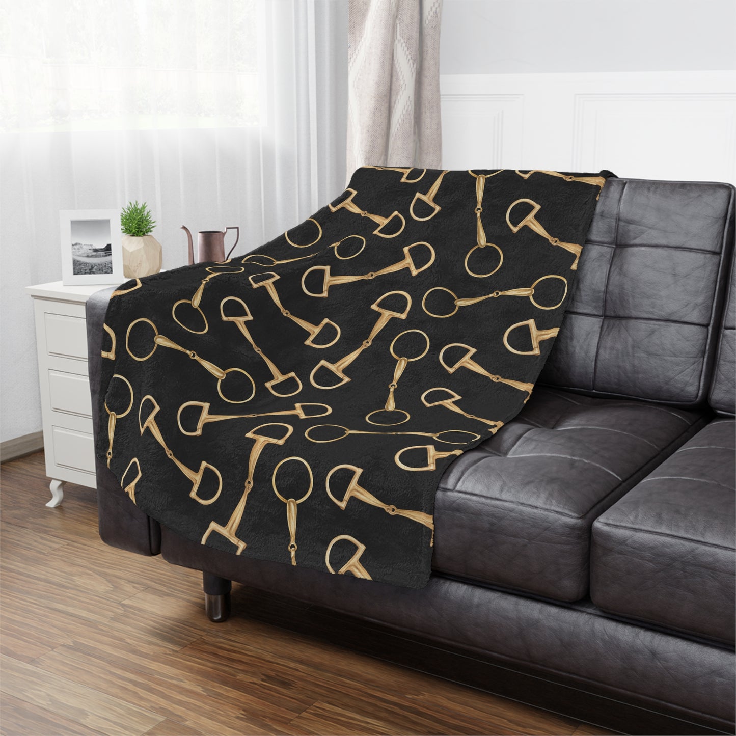 Equestrian Bit Pattern Minky Blanket — Plush Black & Gold Horse Rider Throw