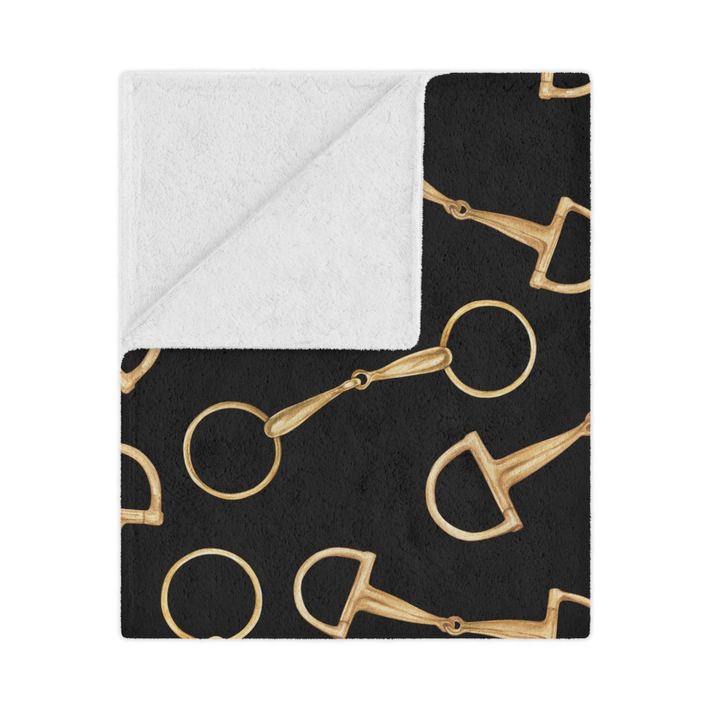 Equestrian Bit Pattern Minky Blanket — Plush Black & Gold Horse Rider Throw