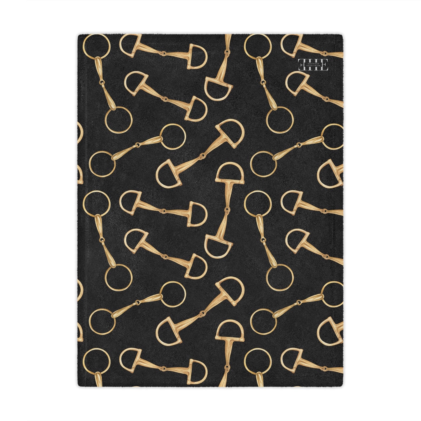 Equestrian Bit Pattern Minky Blanket — Plush Black & Gold Horse Rider Throw