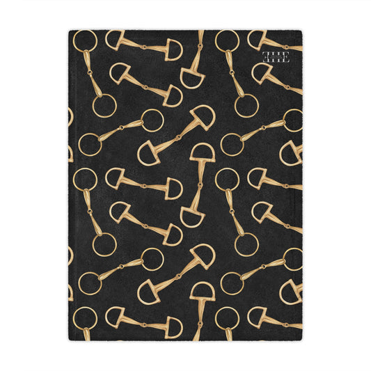 Equestrian Bit Pattern Minky Blanket — Plush Black & Gold Horse Rider Throw