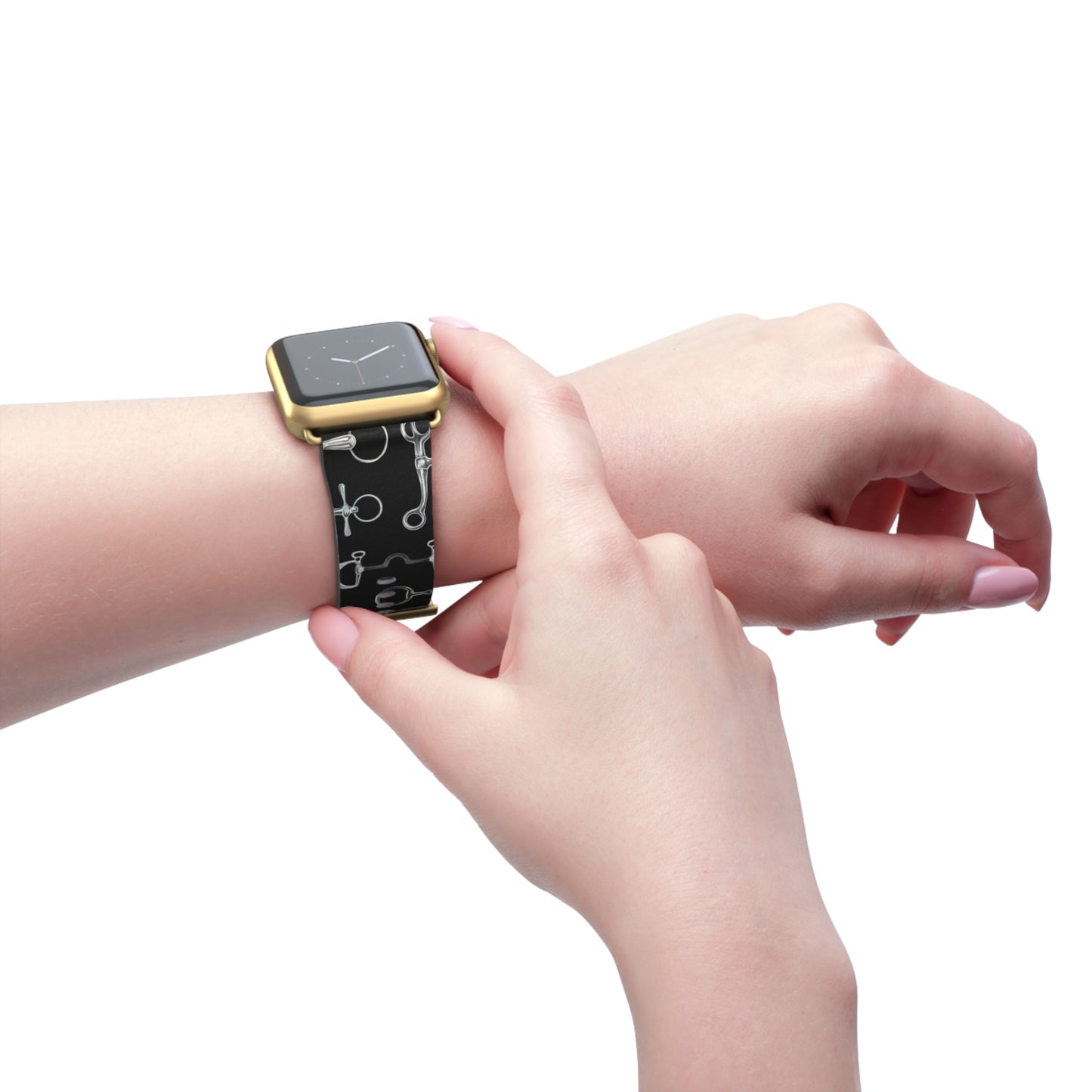 Equestrian Bit Pattern Watch Band — Black Leather Apple Watch Strap