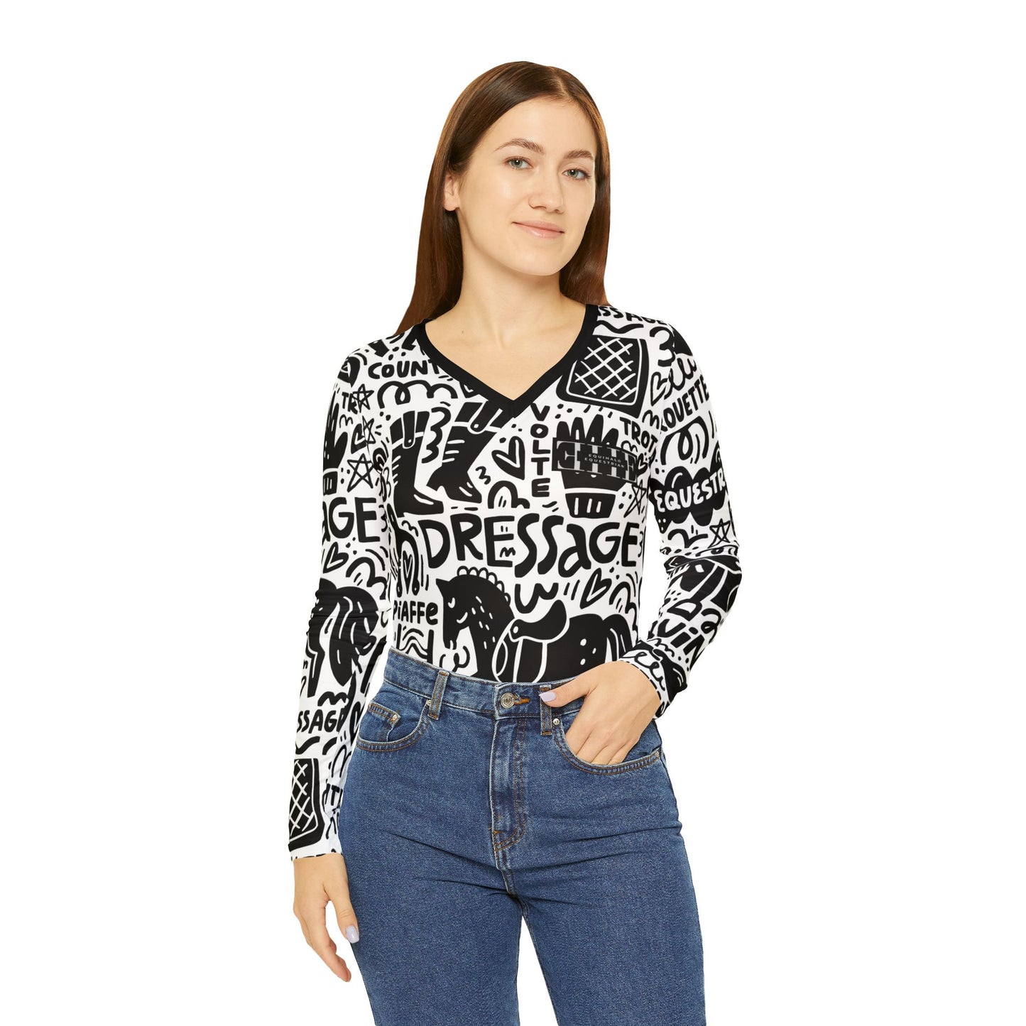 Long Sleeve V-neck - Dressage Doodles Black