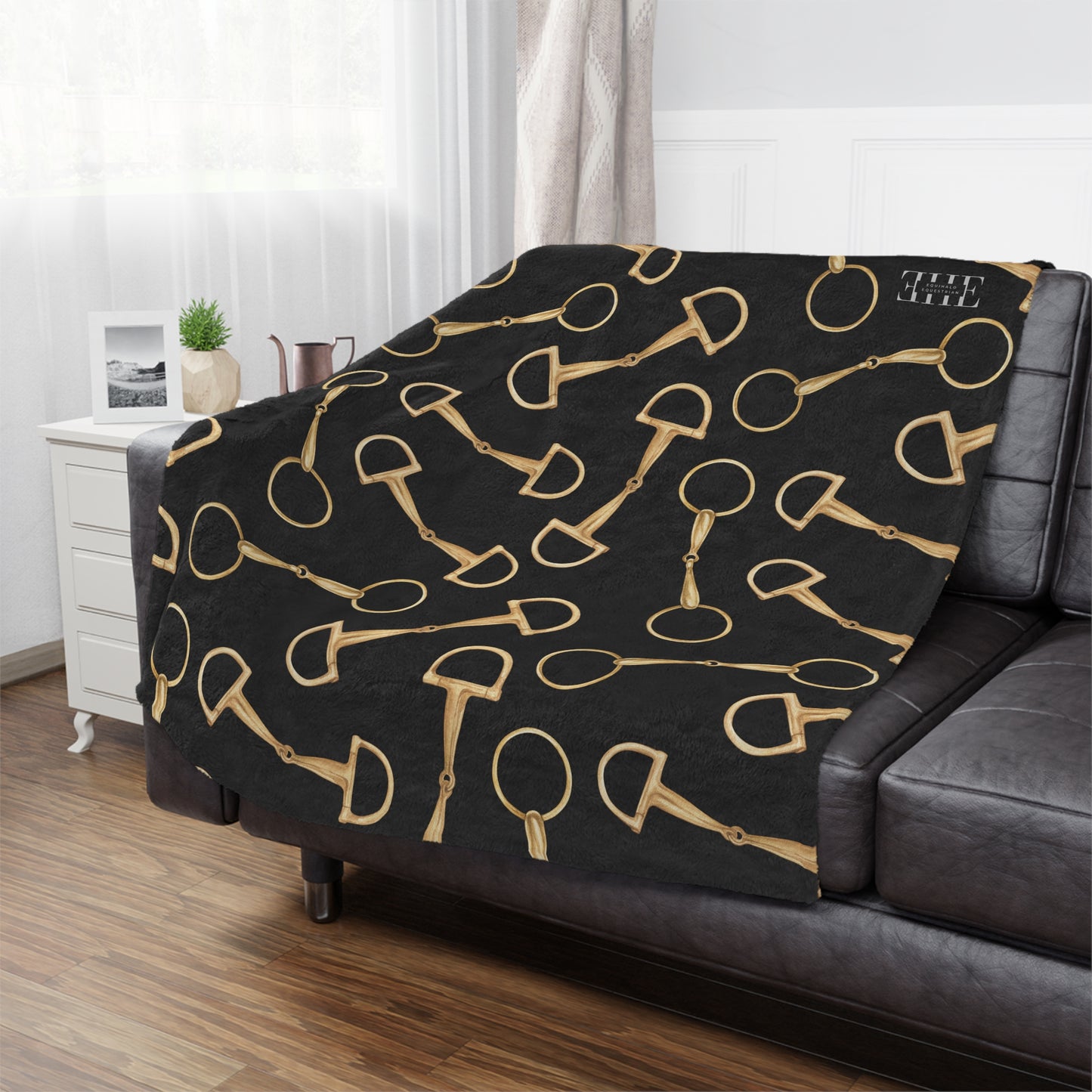 Equestrian Bit Pattern Minky Blanket — Plush Black & Gold Horse Rider Throw