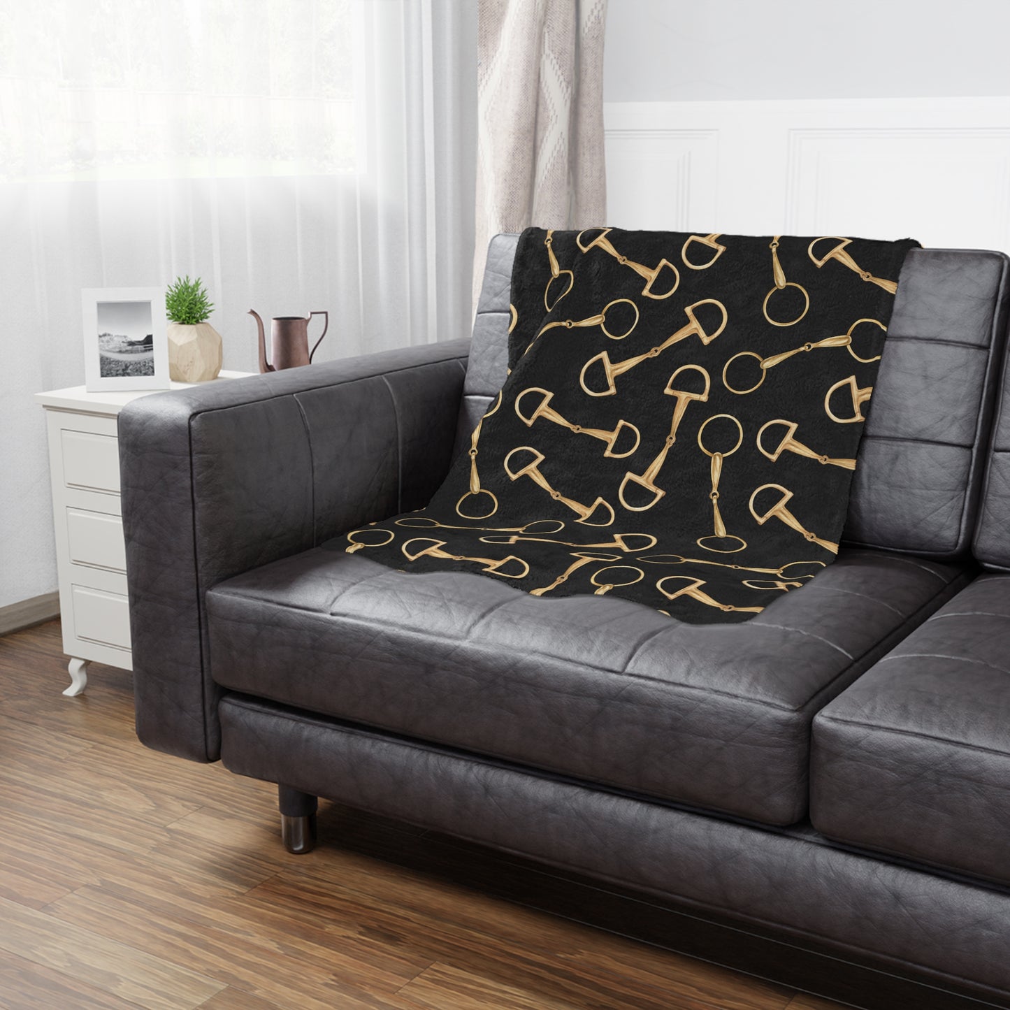 Equestrian Bit Pattern Minky Blanket — Plush Black & Gold Horse Rider Throw
