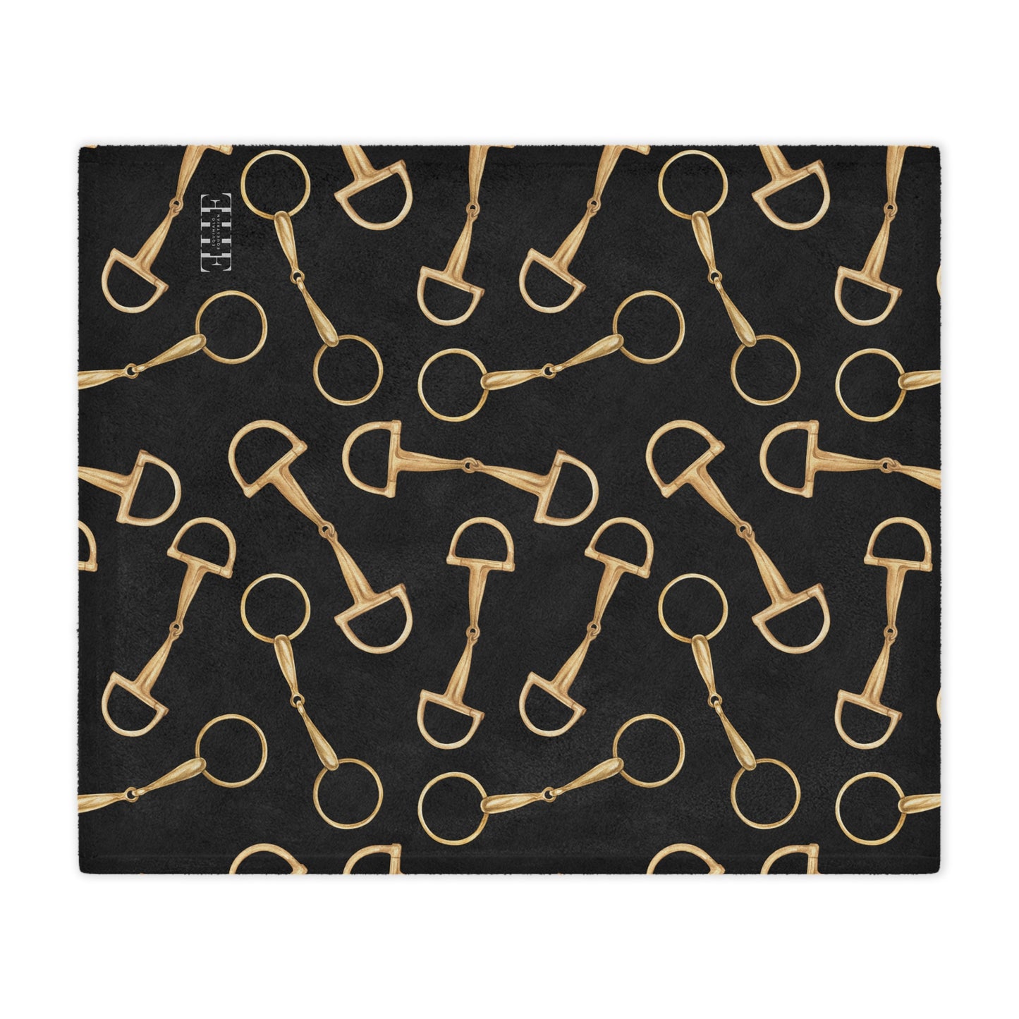 Equestrian Bit Pattern Minky Blanket — Plush Black & Gold Horse Rider Throw