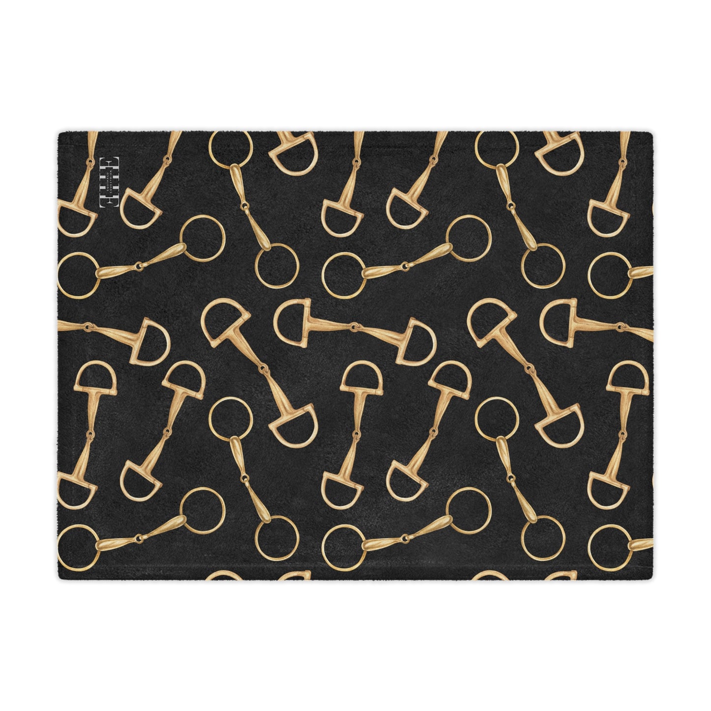 Equestrian Bit Pattern Minky Blanket — Plush Black & Gold Horse Rider Throw